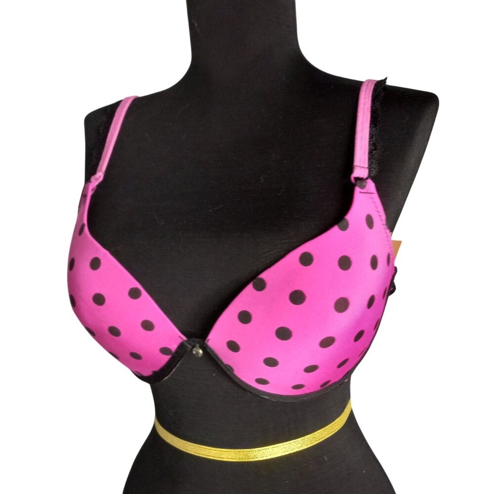 Dereon 36C Bra Push Up Pink Black Polka Dot Underwire Lace Back Adjustable NEW